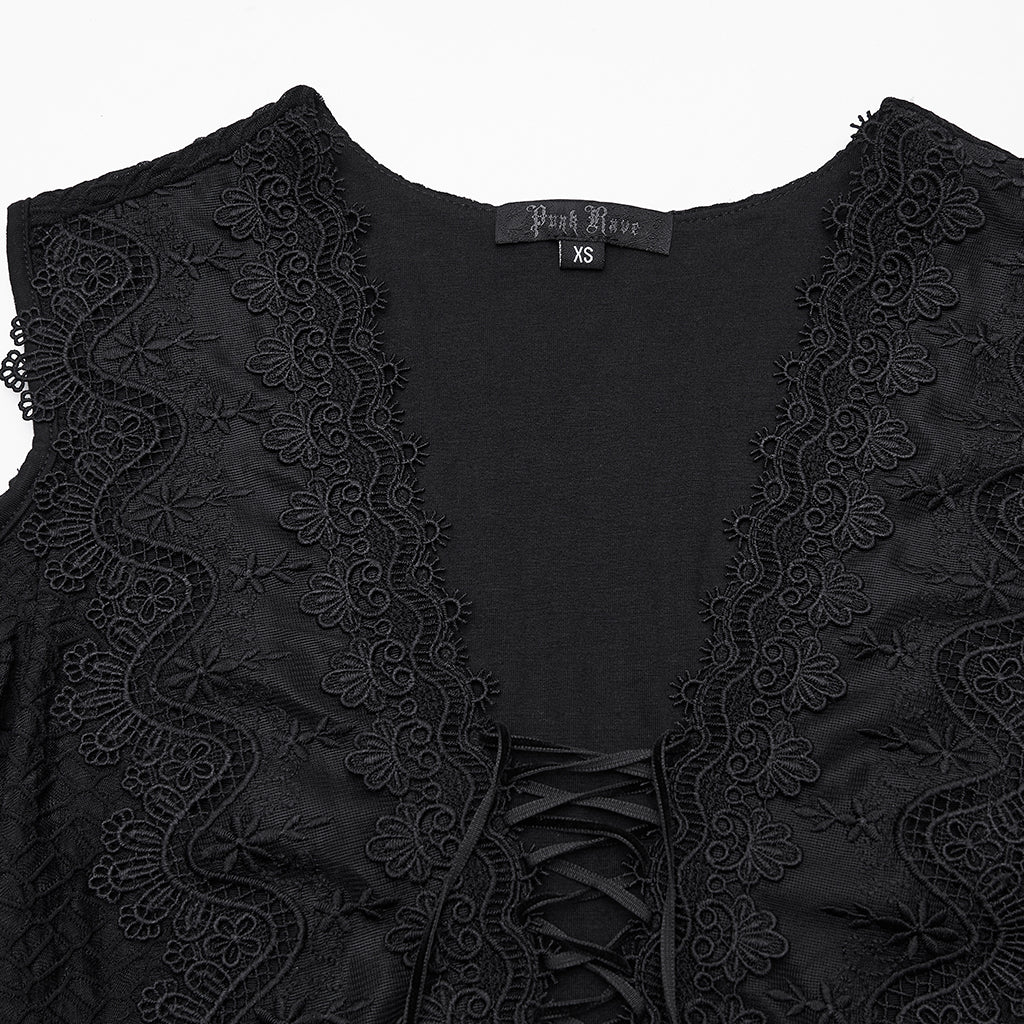 WQ-887LQF Long Black Gothic Dress Cold Shoulder Lace-Up Detail - Image 6