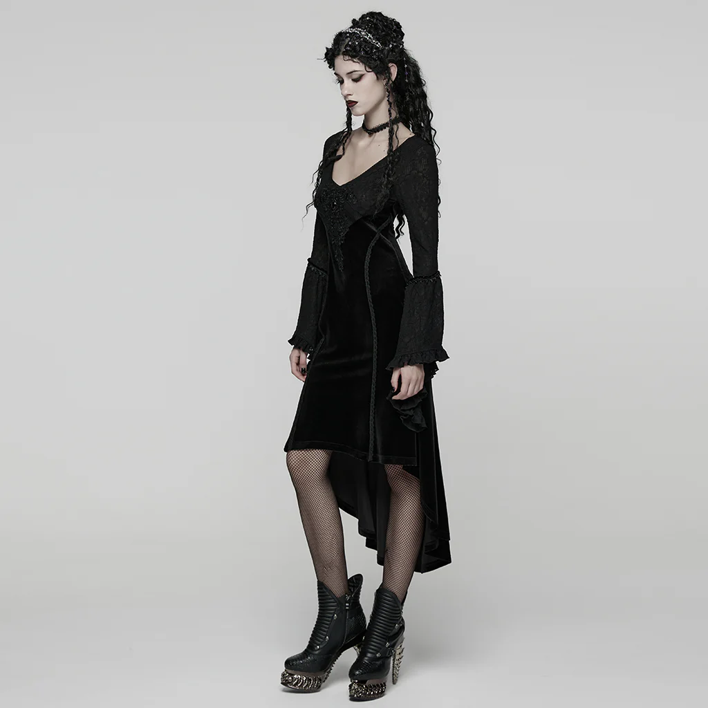 WQ-889LQF Velvet Gothic Dress Lace Bell Sleeves Asymmetrical Hem Design - Image 3