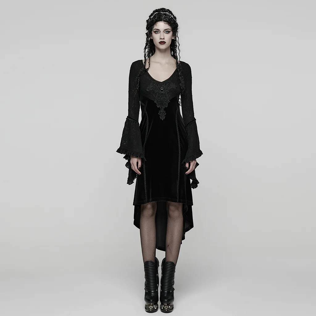 WQ-889LQF Velvet Gothic Dress Lace Bell Sleeves Asymmetrical Hem Design - Image 4