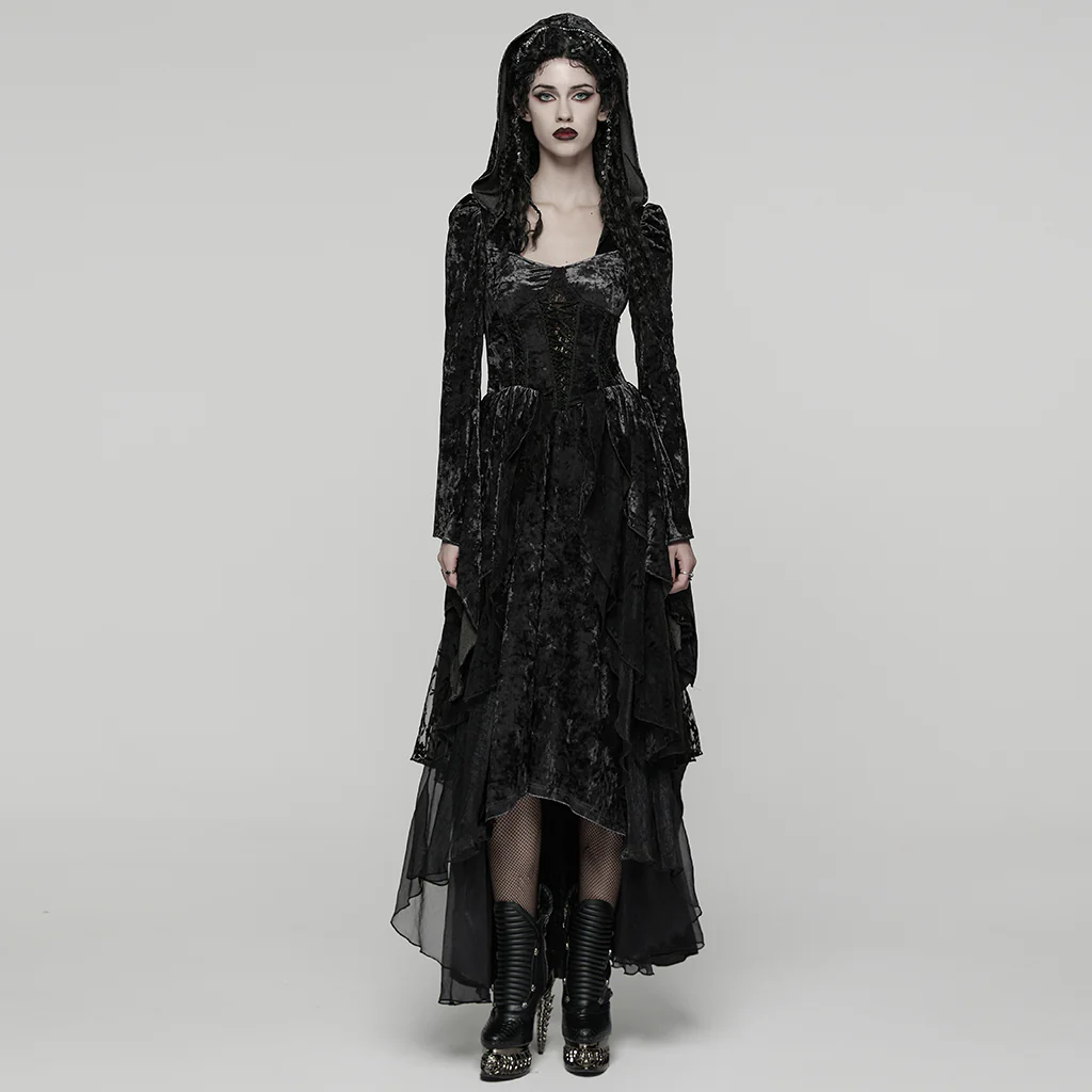 WQ-892LQF Velvet Lace Gothic Dress Hooded Renaissance Style Victorian Gown - Image 11