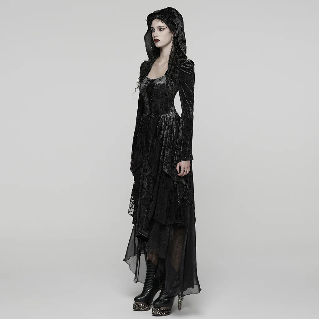 WQ-892LQF Velvet Lace Gothic Dress Hooded Renaissance Style Victorian Gown - Image 12