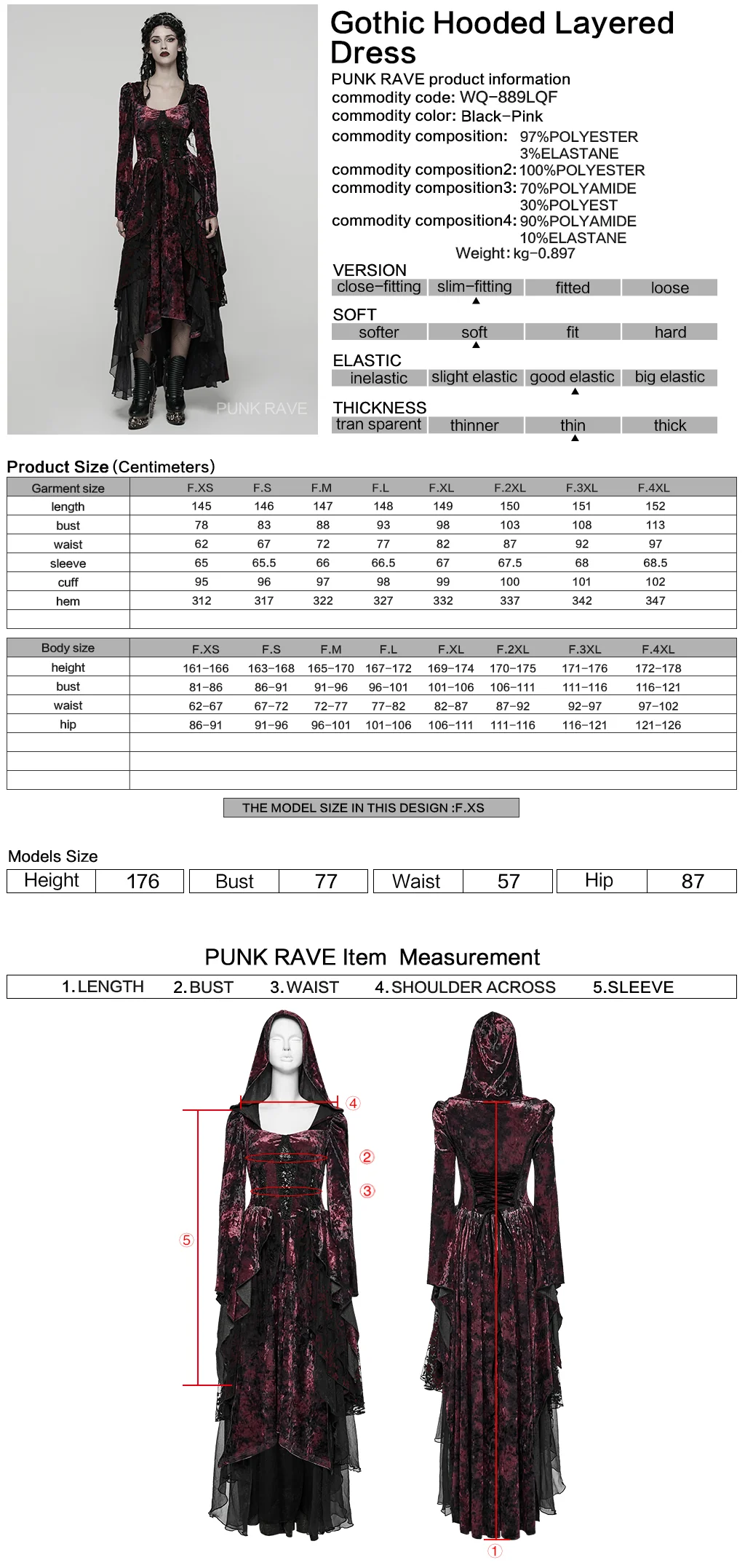 WQ-892LQF Velvet Lace Gothic Dress Hooded Renaissance Style Victorian Gown - Image 2