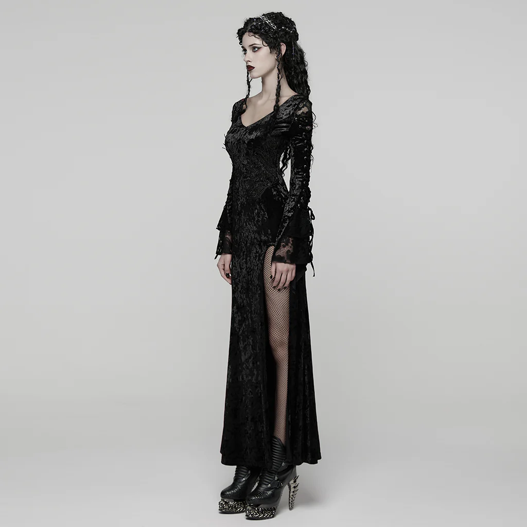 WQ-894LQF Elegant Gothic Dress Red Velvet Lace Detail Maxi Gown - Image 11
