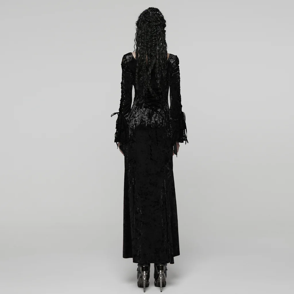 WQ-894LQF Elegant Gothic Dress Red Velvet Lace Detail Maxi Gown - Image 12