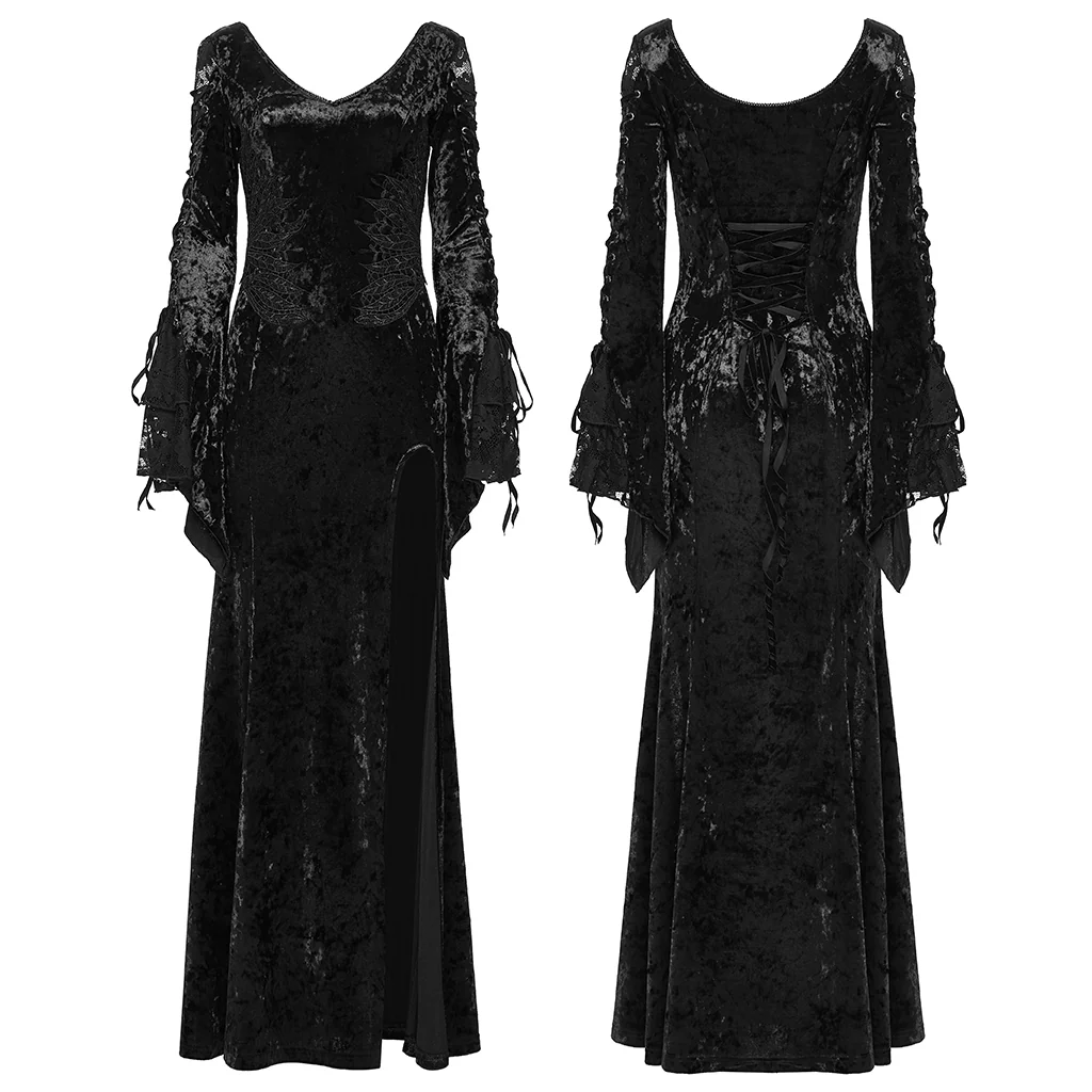 WQ-894LQF Elegant Gothic Dress Red Velvet Lace Detail Maxi Gown - Image 13