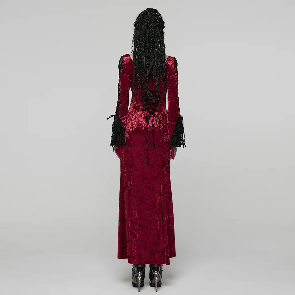 WQ-894LQF Elegant Gothic Dress Red Velvet Lace Detail Maxi Gown - Image 4