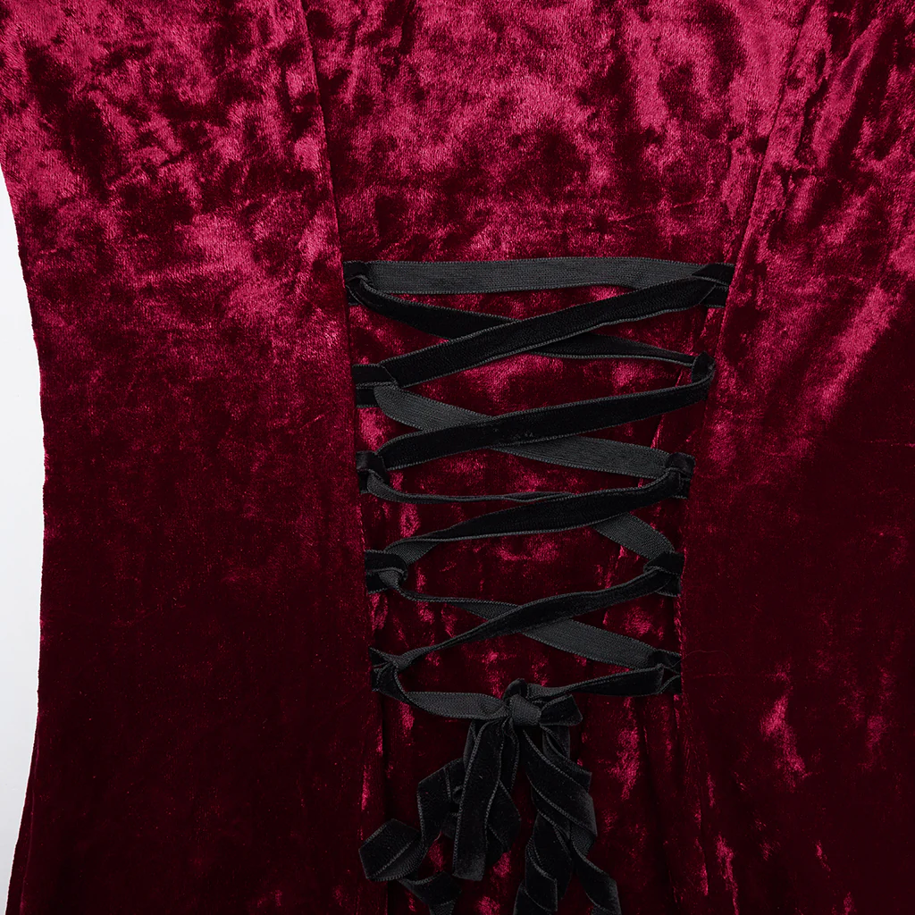 WQ-894LQF Elegant Gothic Dress Red Velvet Lace Detail Maxi Gown - Image 8