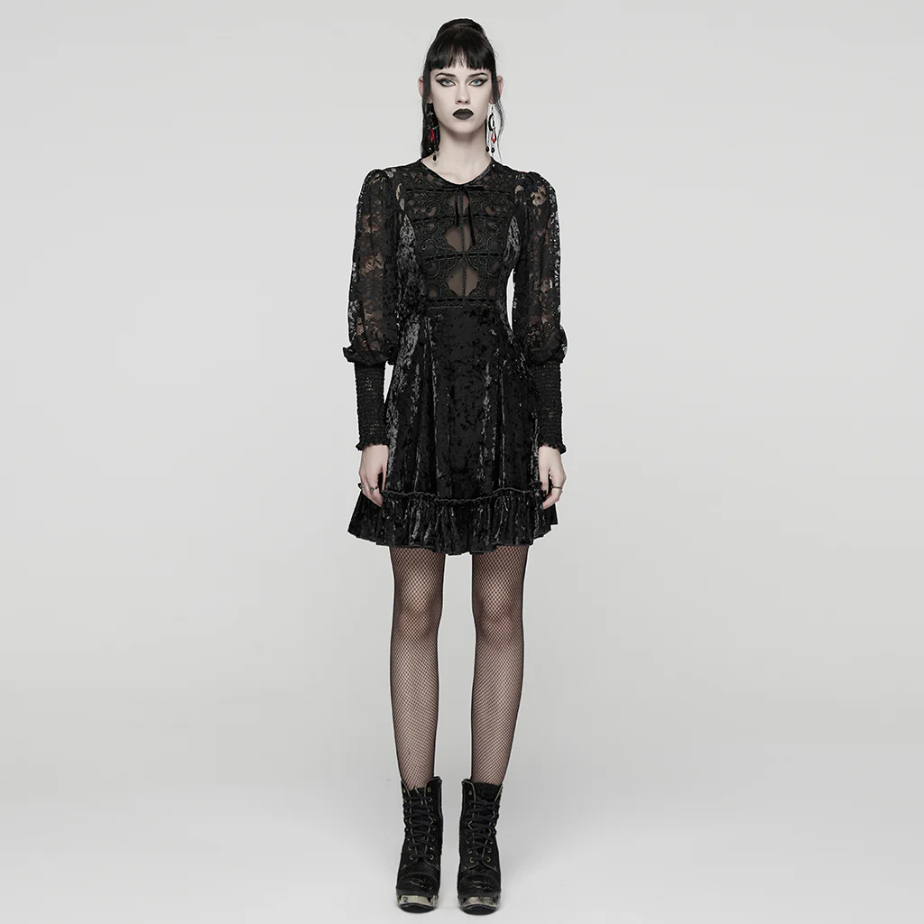 WQ-895LQF Gothic Velvet Lace Contrast Long Sleeve Dress - Image 11
