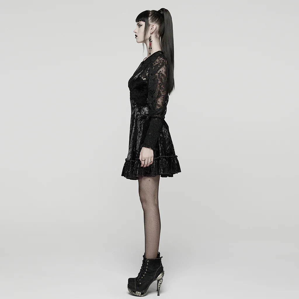 WQ-895LQF Gothic Velvet Lace Contrast Long Sleeve Dress - Image 12