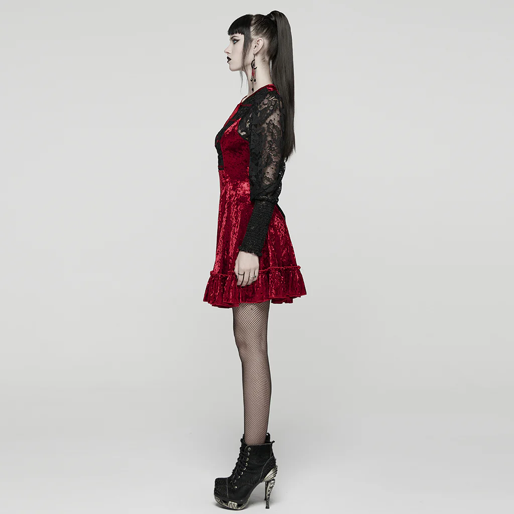 WQ-895LQF Gothic Velvet Lace Contrast Long Sleeve Dress - Image 3
