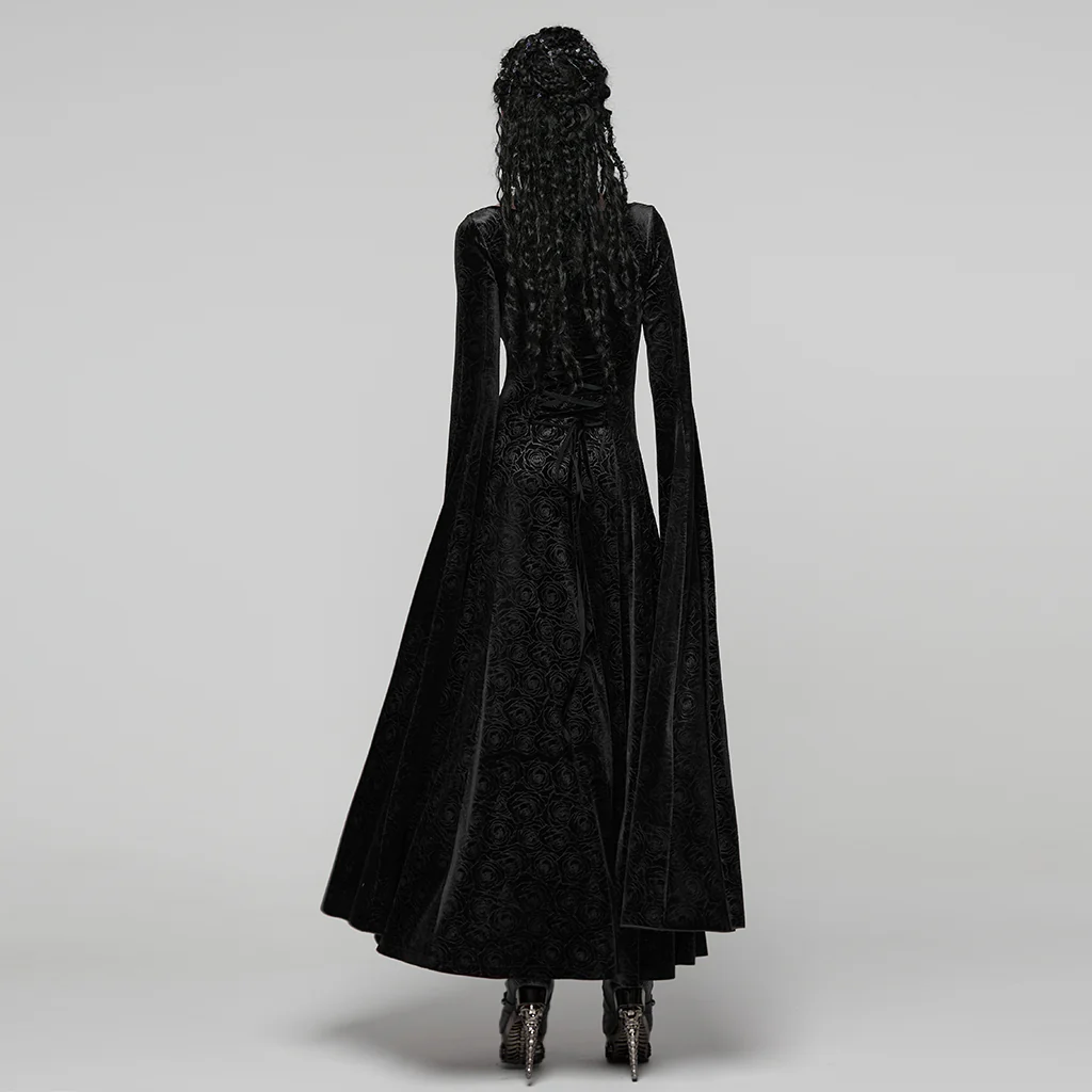 WQ-896LQF Gothic Dress Long Burgundy Velvet Lace Detail Maxi Gown - Image 13