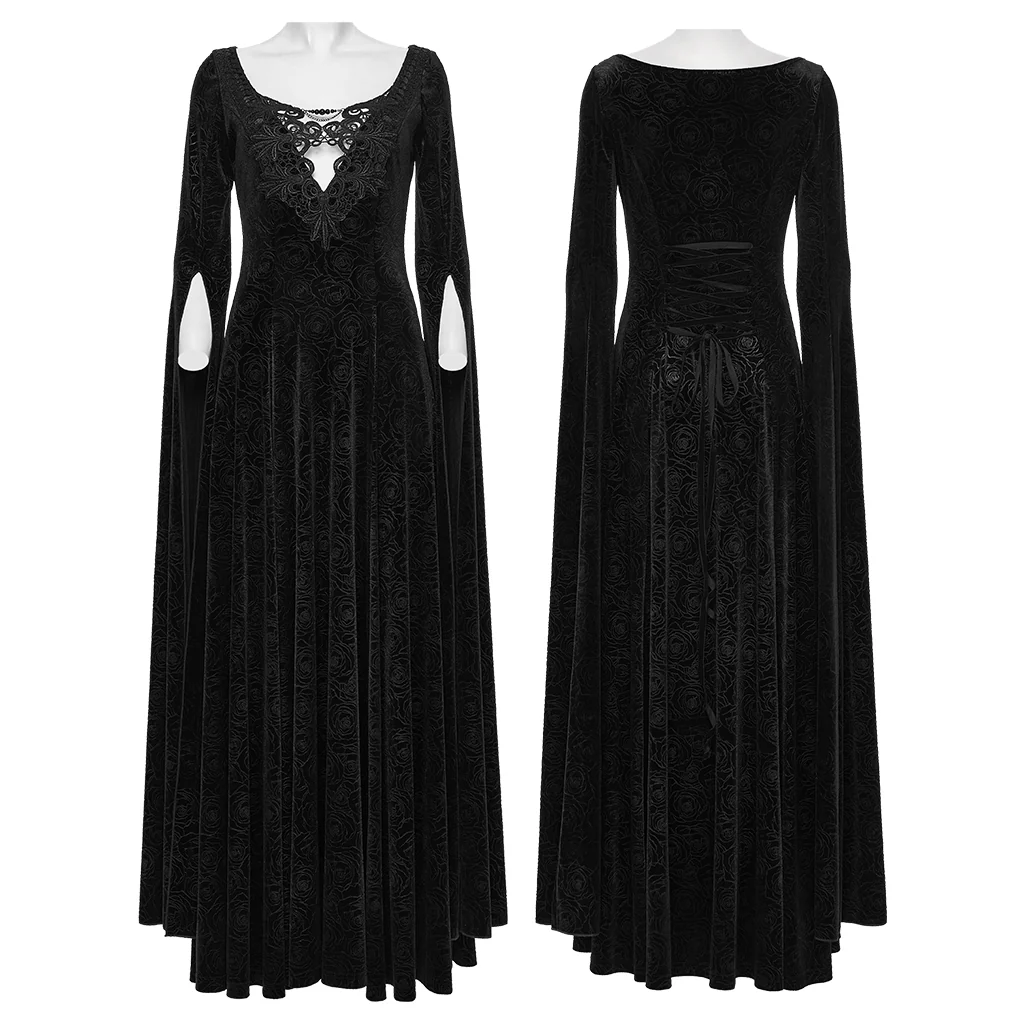 WQ-896LQF Gothic Dress Long Burgundy Velvet Lace Detail Maxi Gown - Image 14