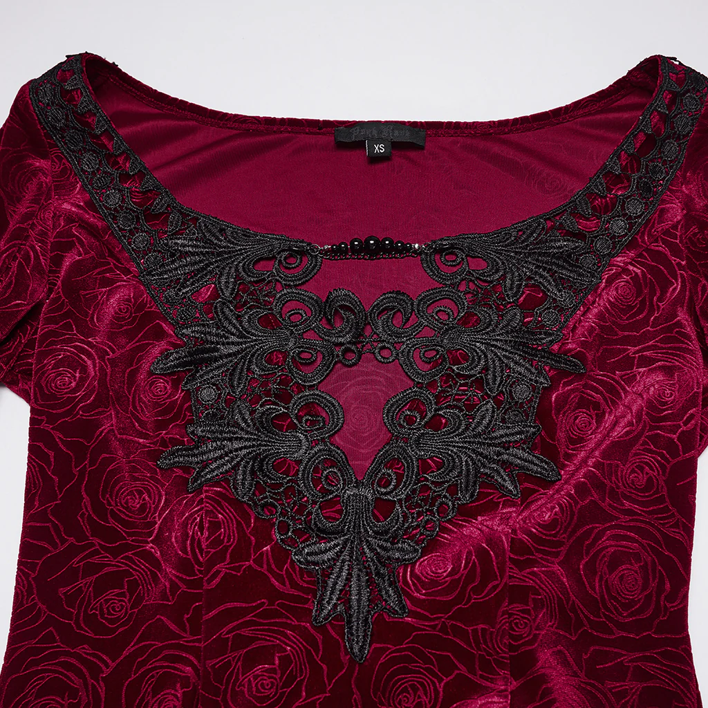 WQ-896LQF Gothic Dress Long Burgundy Velvet Lace Detail Maxi Gown - Image 9