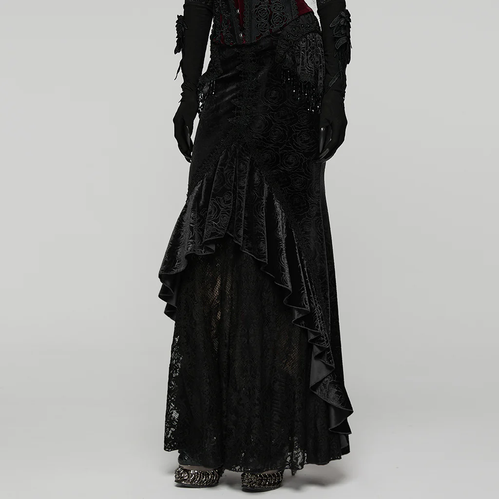 WQ-897BQF Gothic Skirt Victorian Lace Ruffled High-Low Velvet Design - Image 14