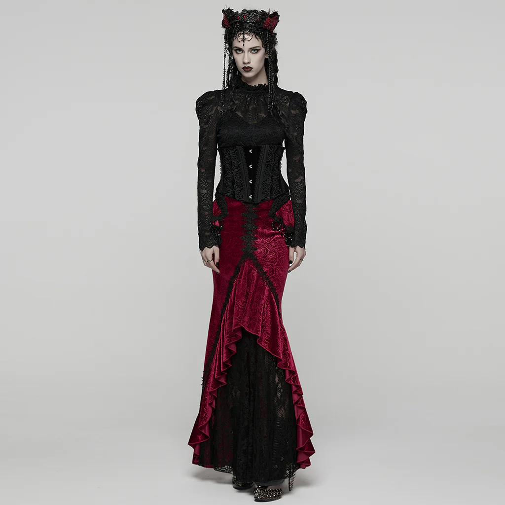 WQ-897BQF Gothic Skirt Victorian Lace Ruffled High-Low Velvet Design - Image 5