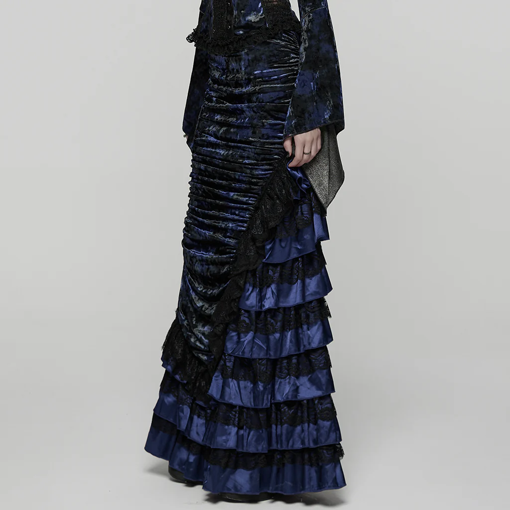 WQ-899BQF Victorian Gothic Skirt Velvet Lace Ruffle Elegance Dark Red - Image 14