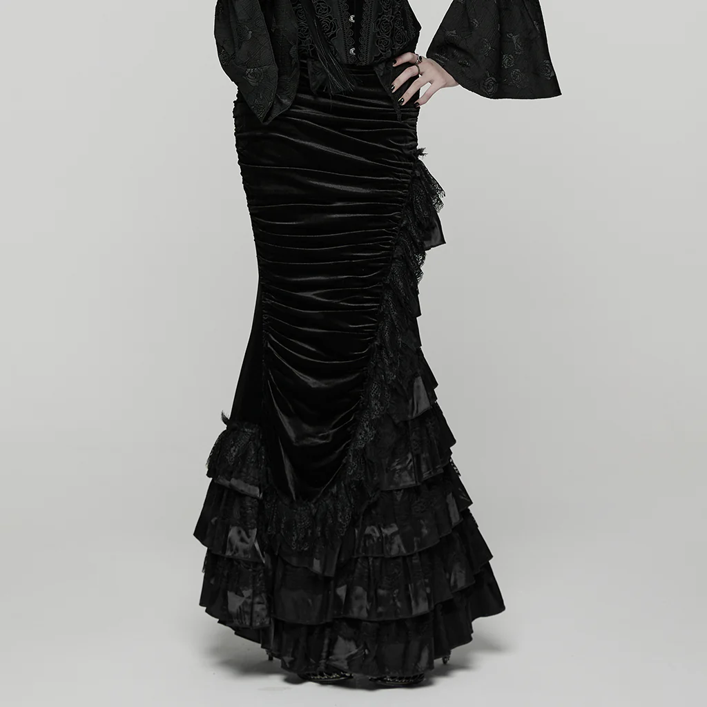 WQ-899BQF Victorian Gothic Skirt Velvet Lace Ruffle Elegance Dark Red - Image 26