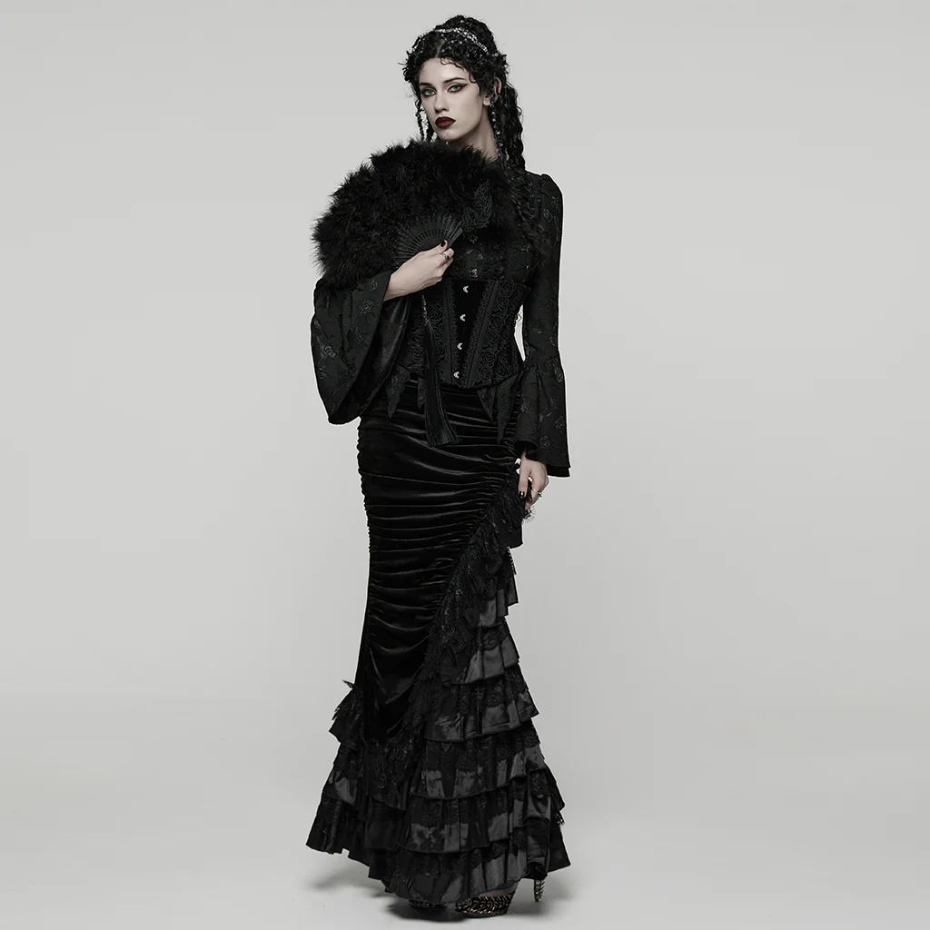 WQ-899BQF Victorian Gothic Skirt Velvet Lace Ruffle Elegance Dark Red - Image 27
