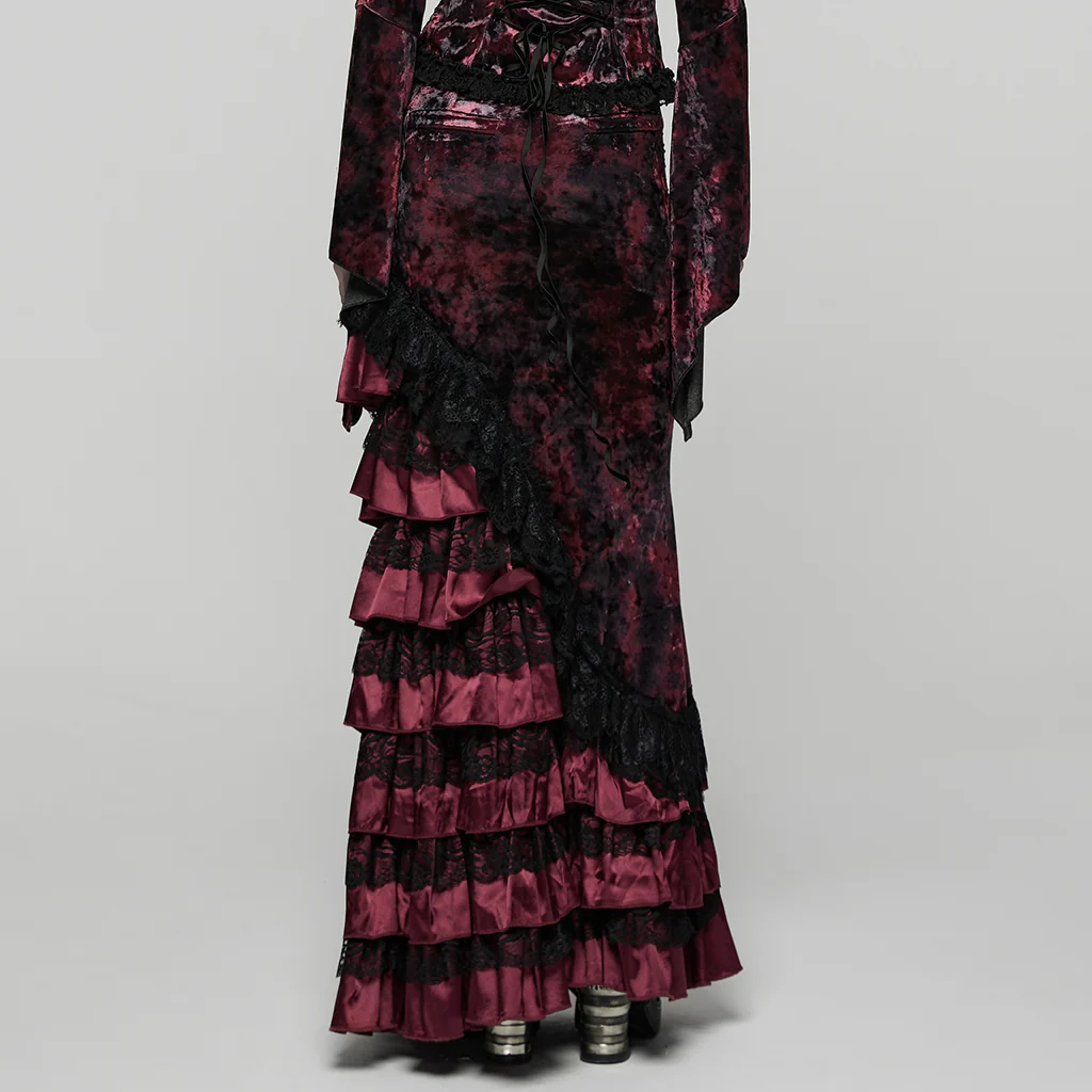 WQ-899BQF Victorian Gothic Skirt Velvet Lace Ruffle Elegance Dark Red - Image 4