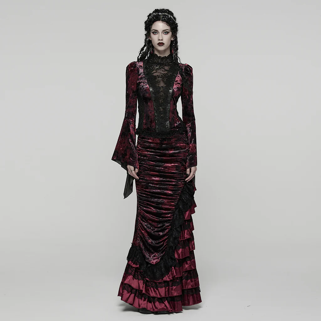 WQ-899BQF Victorian Gothic Skirt Velvet Lace Ruffle Elegance Dark Red - Image 5