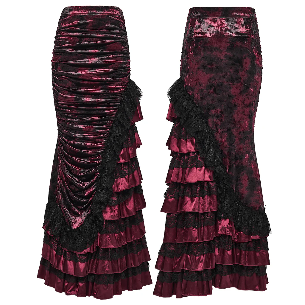 WQ-899BQF Victorian Gothic Skirt Velvet Lace Ruffle Elegance Dark Red - Image 6