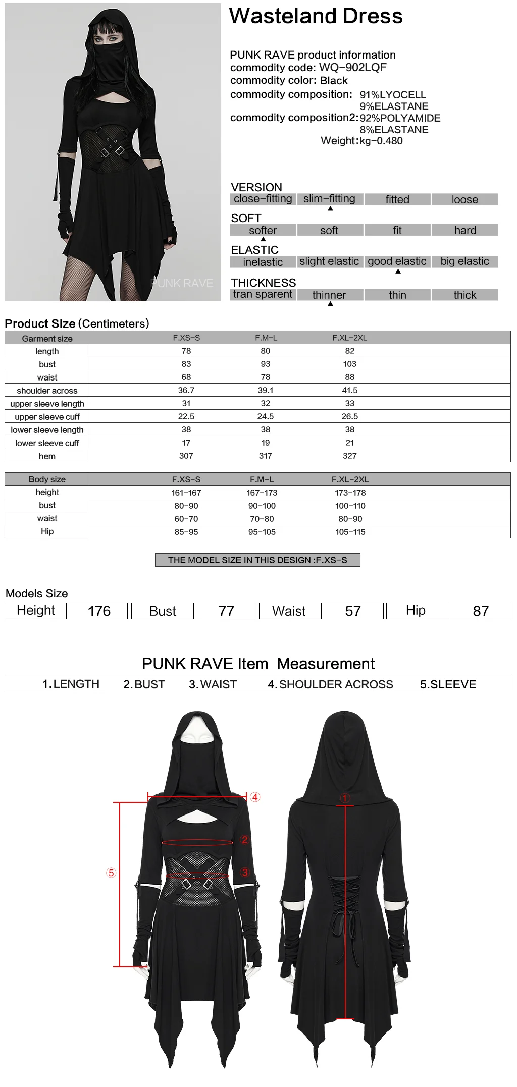 WQ-902LQF Edgy Black Gothic Dress with Hood and Mesh Details - Image 2