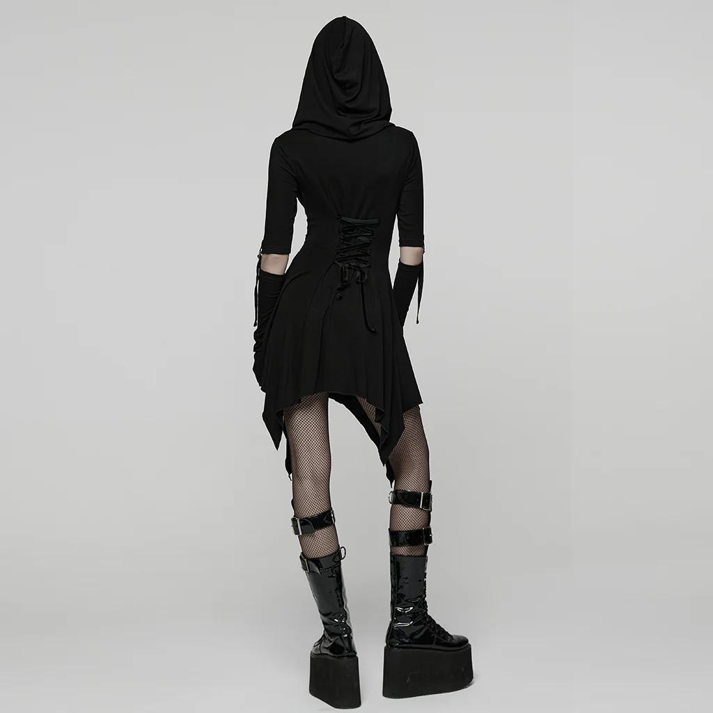 WQ-902LQF Edgy Black Gothic Dress with Hood and Mesh Details - Image 4