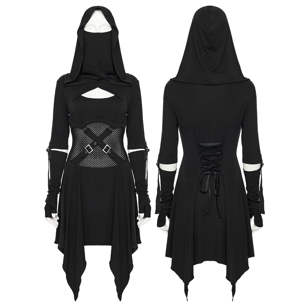WQ-902LQF Edgy Black Gothic Dress with Hood and Mesh Details - Image 5
