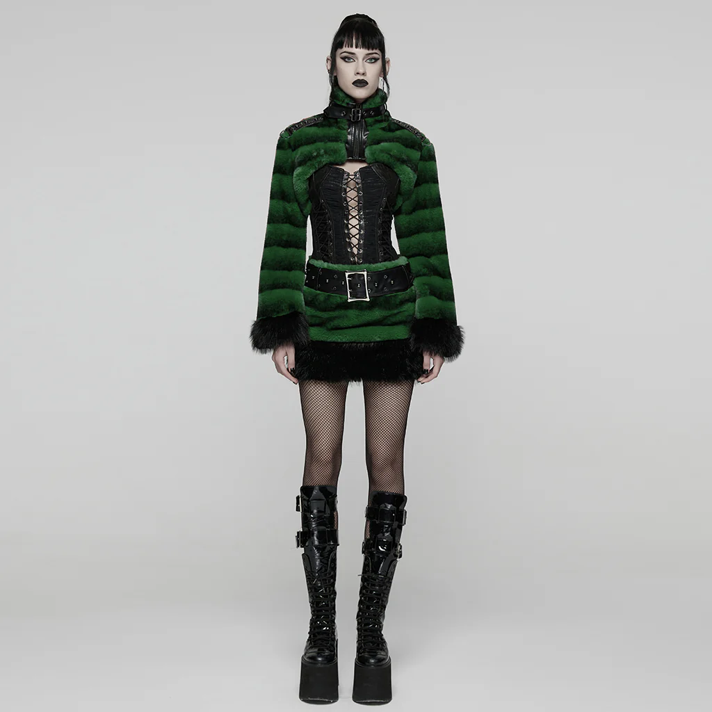 WQ-907BQF Gothic Velvet Faux Fur Belted Punk Skirt - Image 16