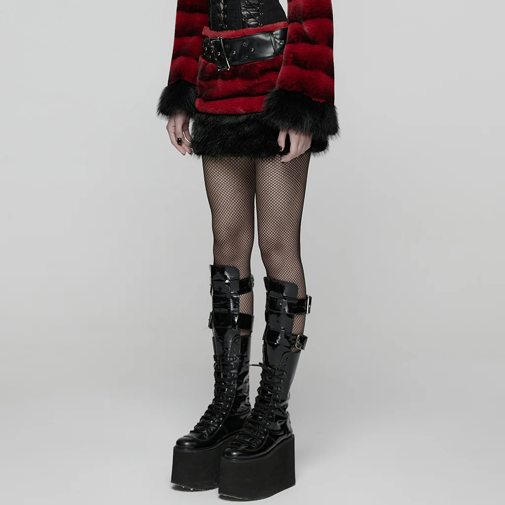 WQ-907BQF Gothic Velvet Faux Fur Belted Punk Skirt - Image 3