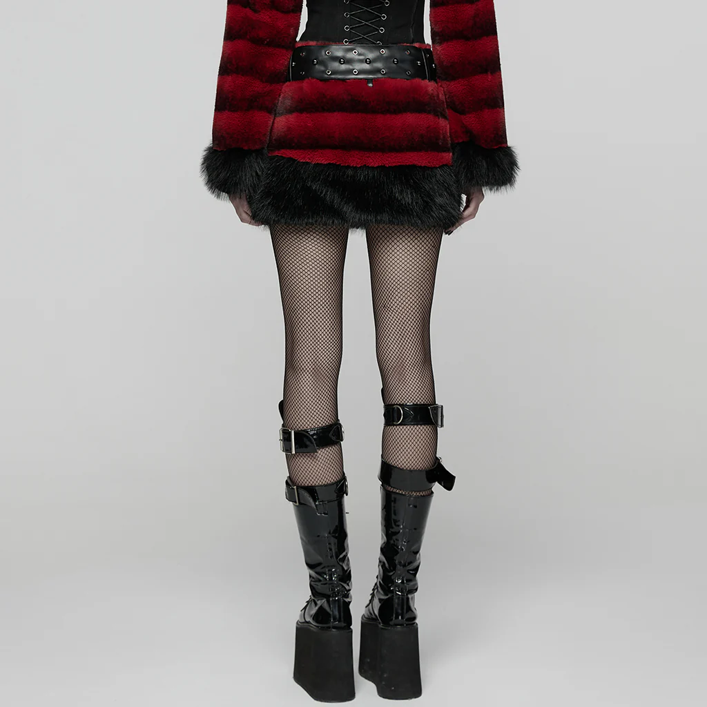 WQ-907BQF Gothic Velvet Faux Fur Belted Punk Skirt - Image 4