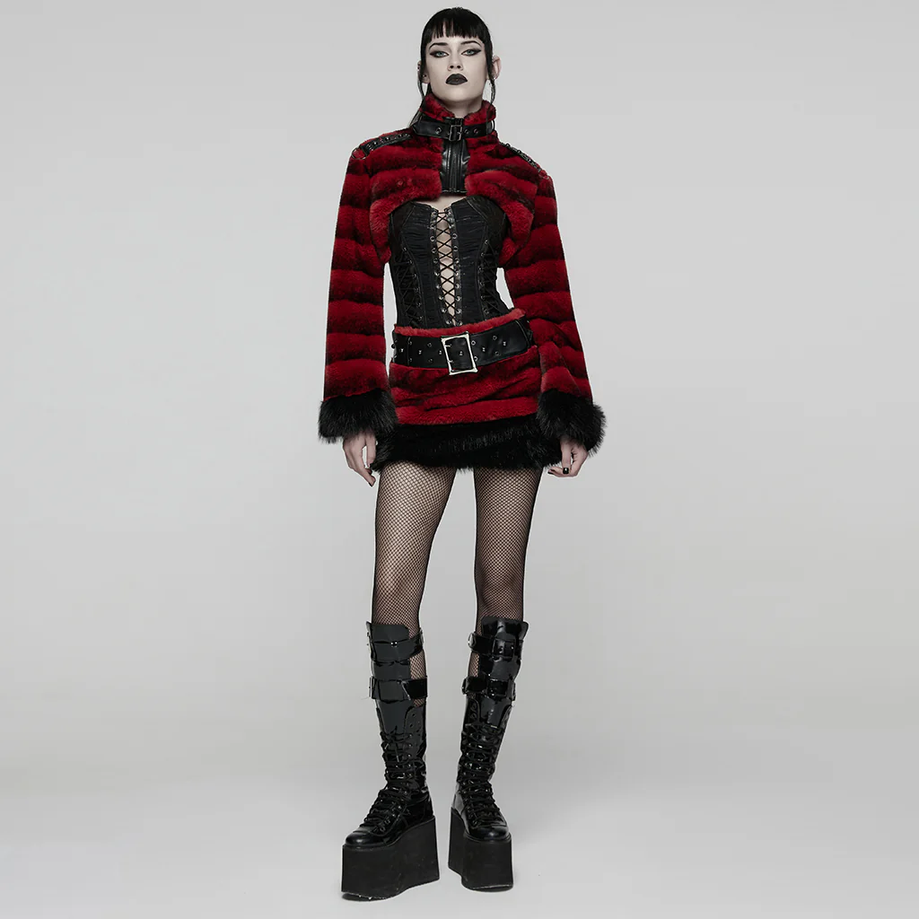 WQ-907BQF Gothic Velvet Faux Fur Belted Punk Skirt - Image 5