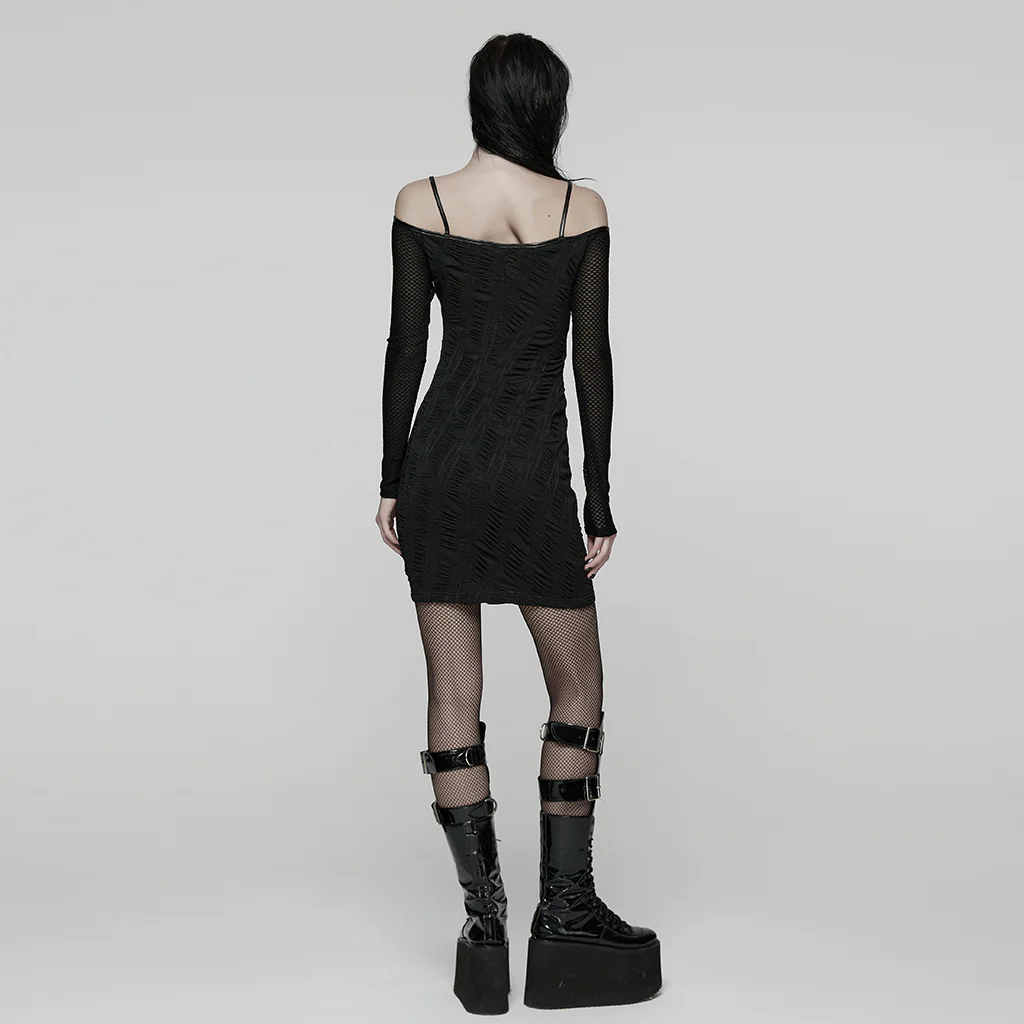 WQ-912LQF Edgy Cold-Shoulder Black Mesh Mini Punk Dress - Image 4