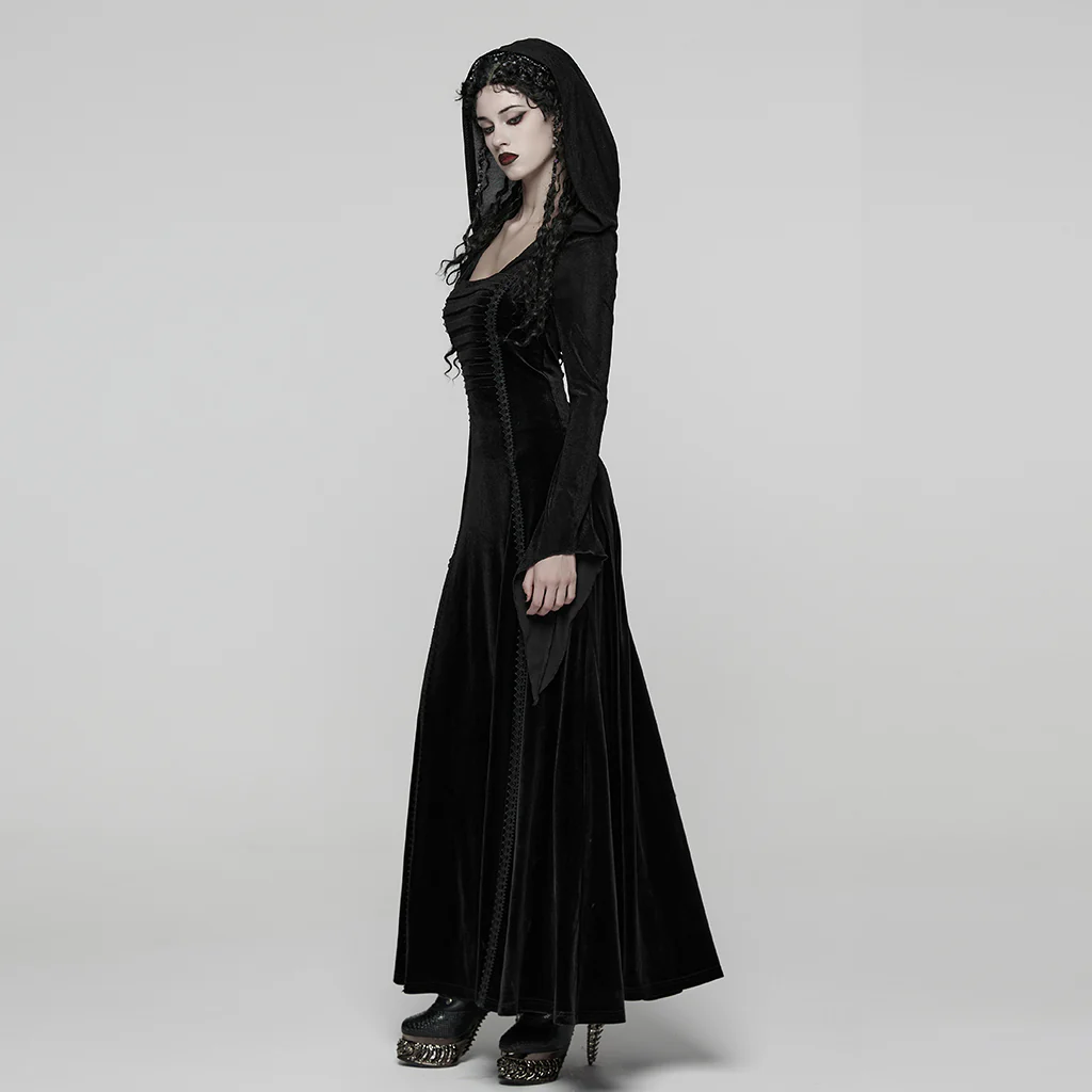 WQ-913LQF Elegant Velvet Hooded Gothic Dress Floor-Length Black Gown - Image 3