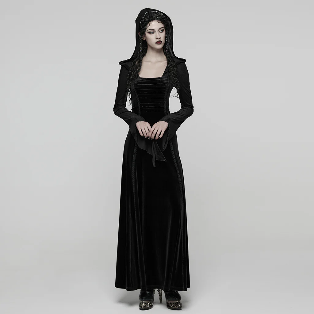 WQ-913LQF Elegant Velvet Hooded Gothic Dress Floor-Length Black Gown - Image 5