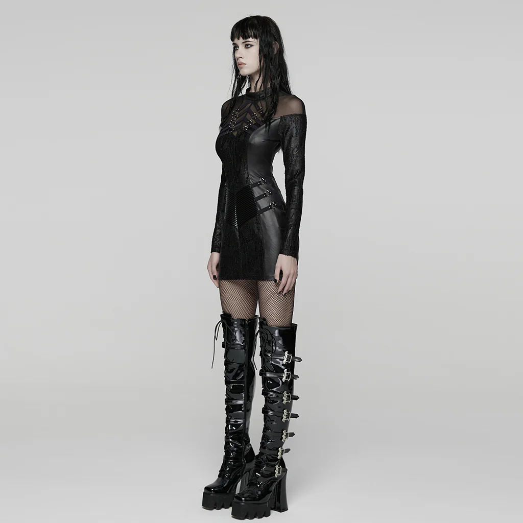 WQ-915LQF Gothic Mesh Panel Black Lace Punk Dress - Image 3