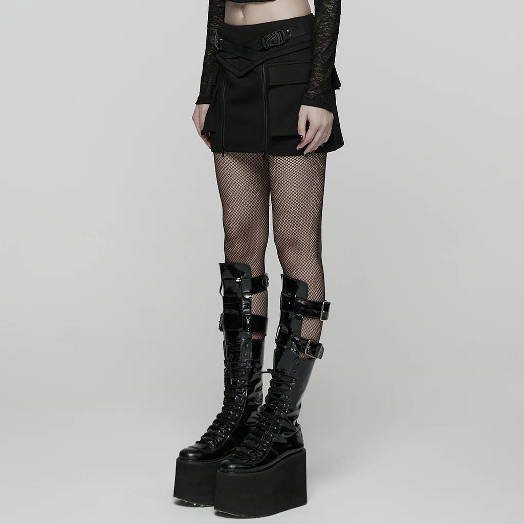 WQ-918BQF Edgy Black Punk Skirt with Zipper and Pocket Details - Image 4