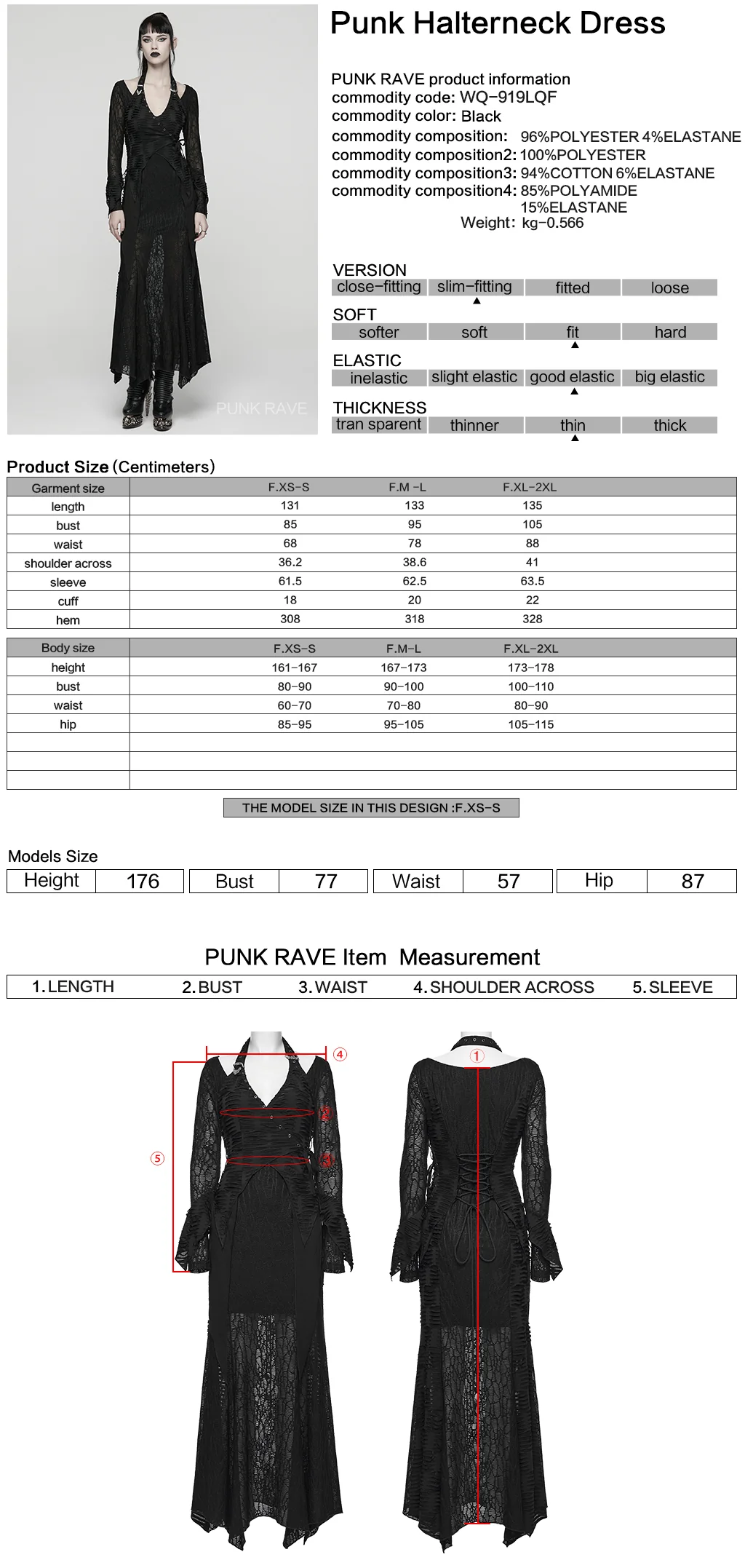 WQ-919LQF Elegant Black Lace Long Sleeve Gothic Dress - Image 2