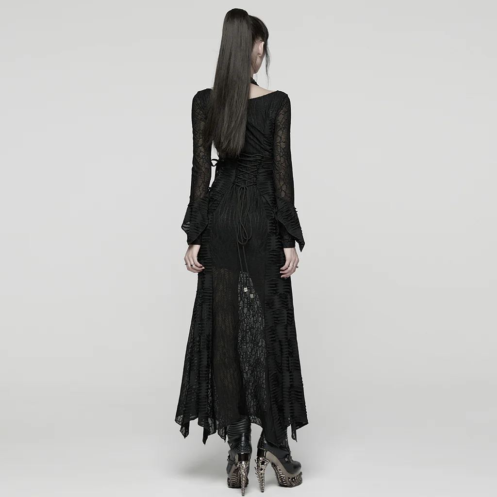 WQ-919LQF Elegant Black Lace Long Sleeve Gothic Dress - Image 4