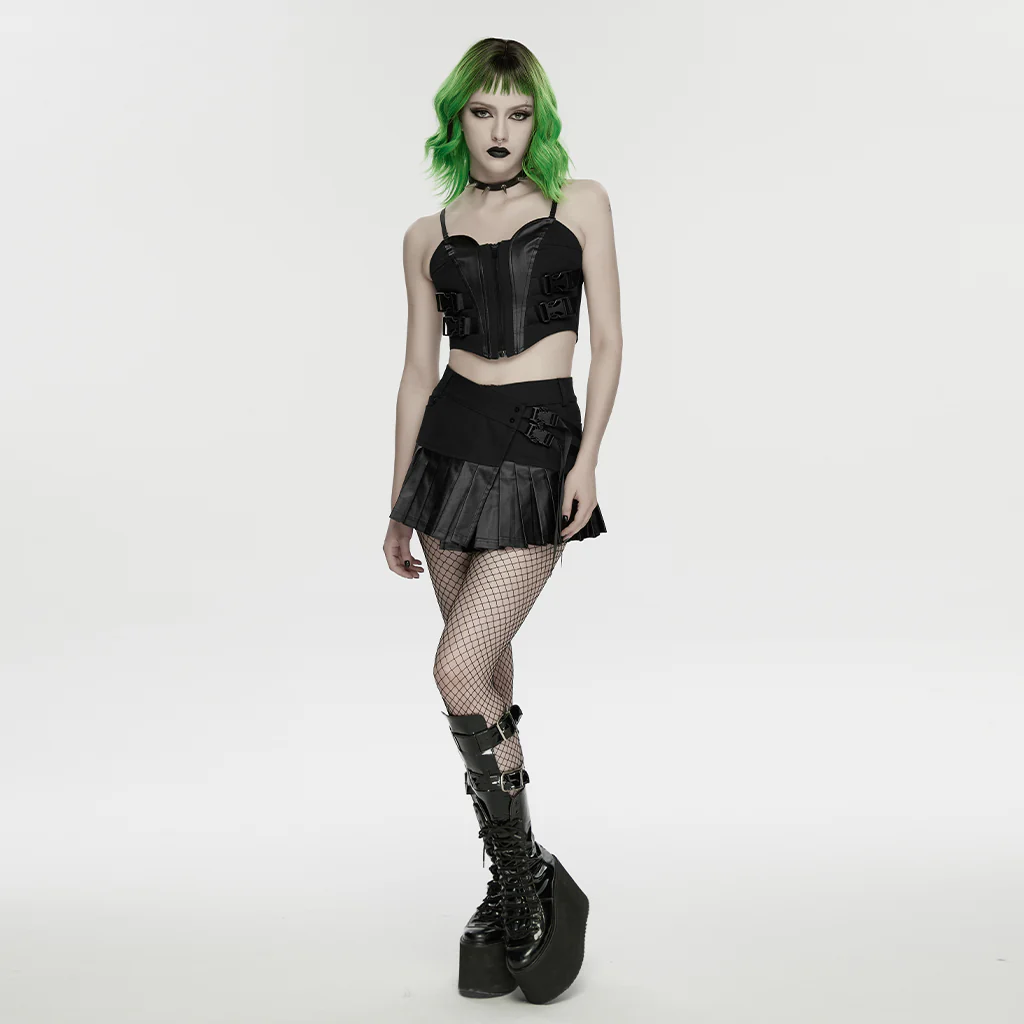 WQ-922BQF Edgy Asymmetrical Black Pleated Punk Skirt with Buckle Straps - Image 6