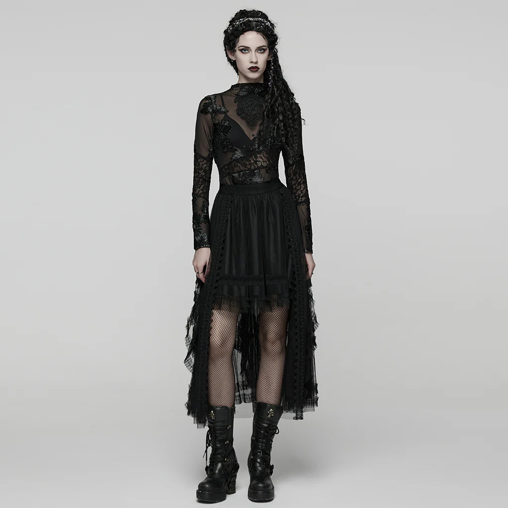WQ-927BQF Elegant Gothic Skirt Lace Layered High-Low Hem Design - Image 5