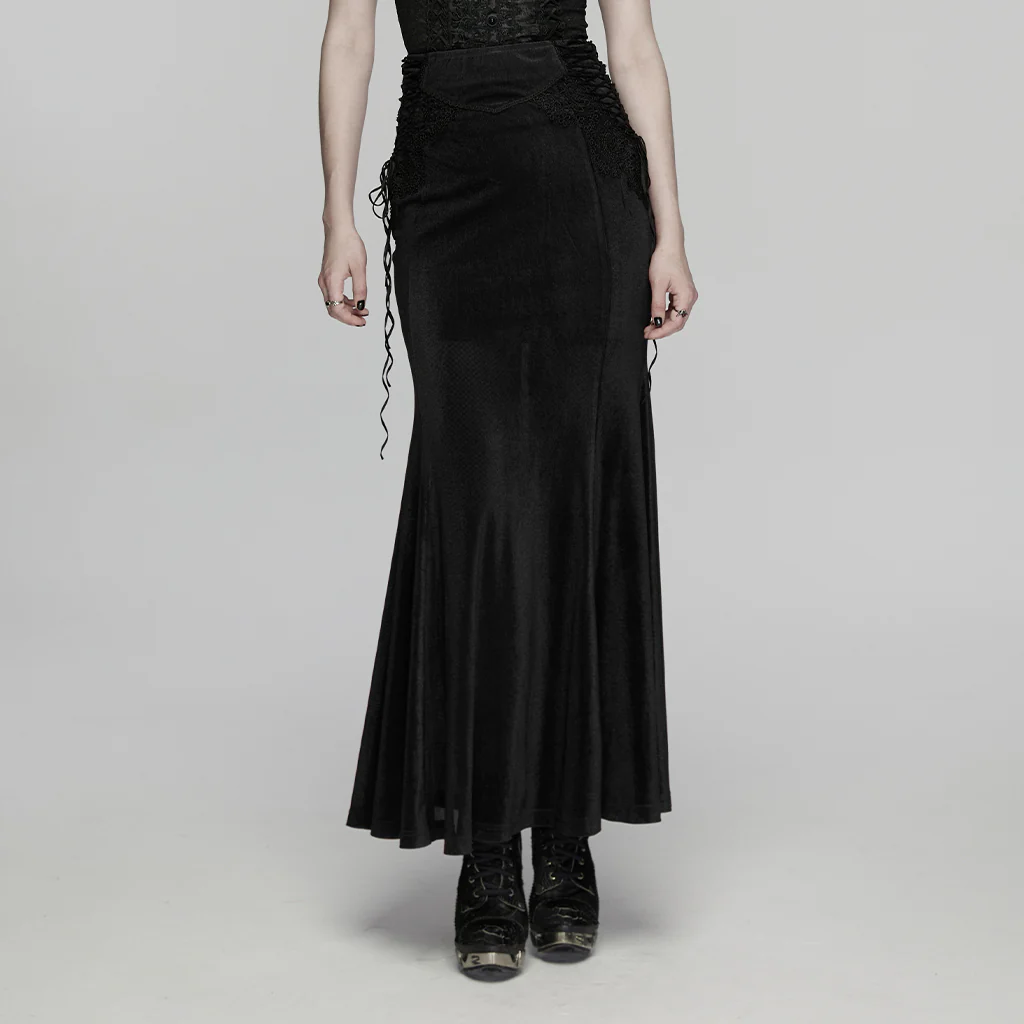 WQ-929BQF Elegant Velvet Gothic Skirt with Lace Overlay Detail - Image 10