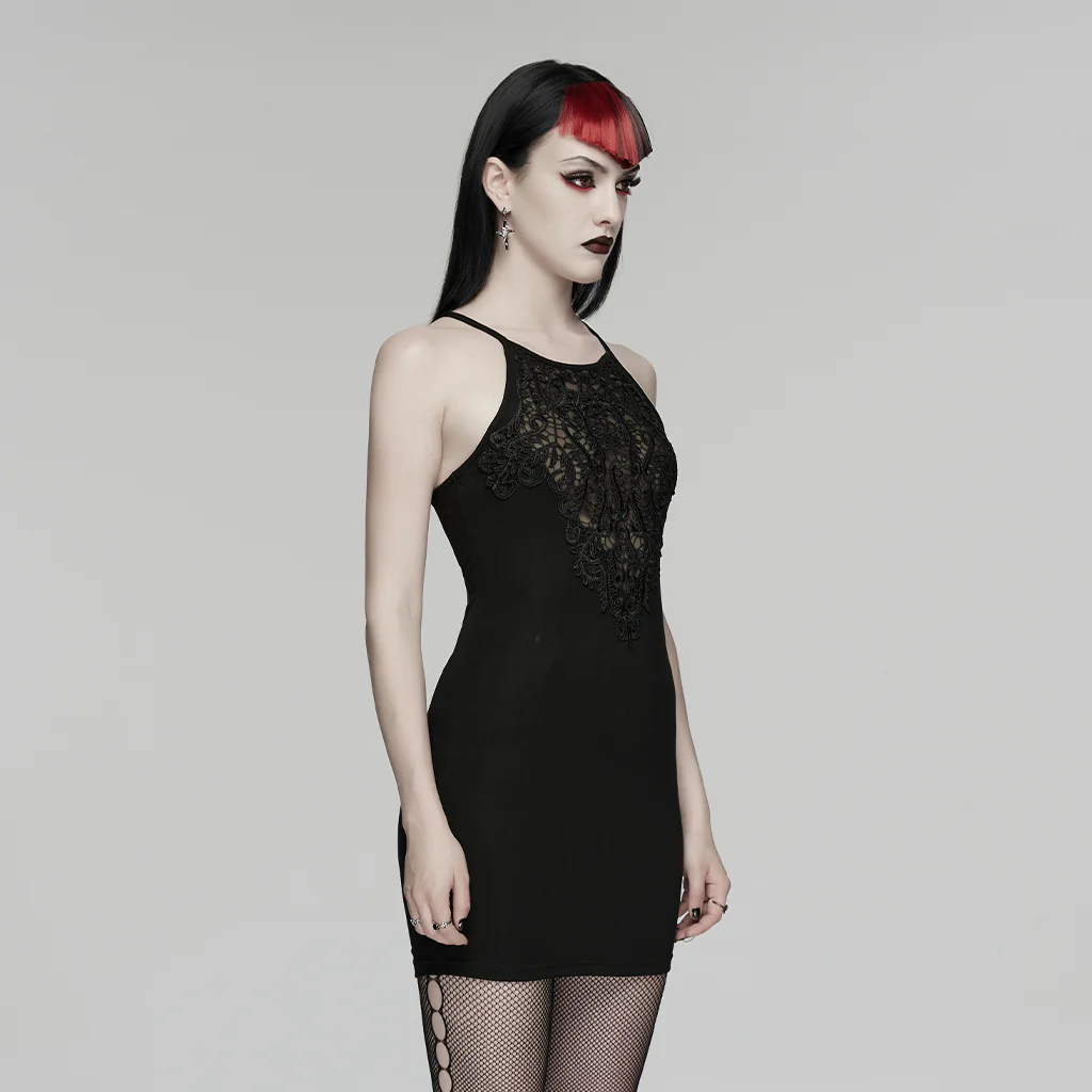 WQ-931LQF Gothic Dress Lace Overlay Halterneck Bodycon Mini Dress Black - Image 2