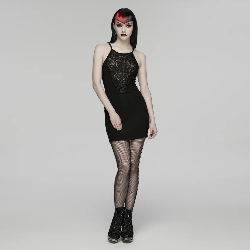 WQ-931LQF Gothic Dress Lace Overlay Halterneck Bodycon Mini Dress Black - Image 4