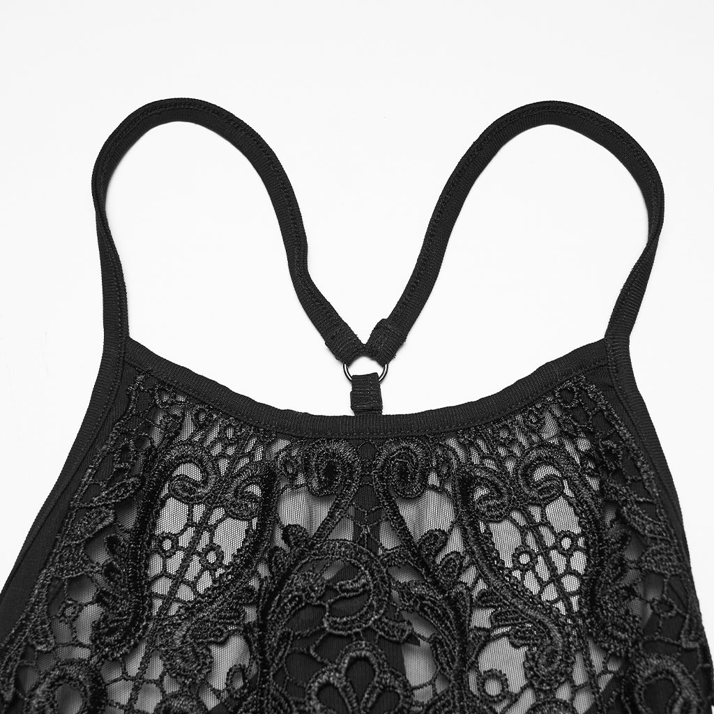 WQ-931LQF Gothic Dress Lace Overlay Halterneck Bodycon Mini Dress Black - Image 6