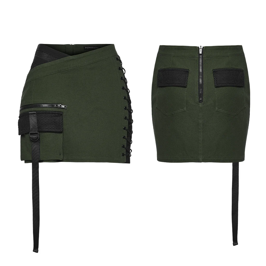 WQ-941BQF Edgy Green Punk Skirt with Fishnet and Pocket Detailing - Image 6