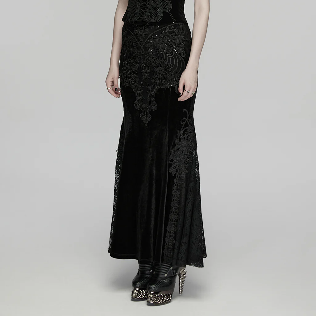 WQ-942BQF Gothic Skirt Elegant Embroidered Lace Long Velvet Panel Design - Image 2
