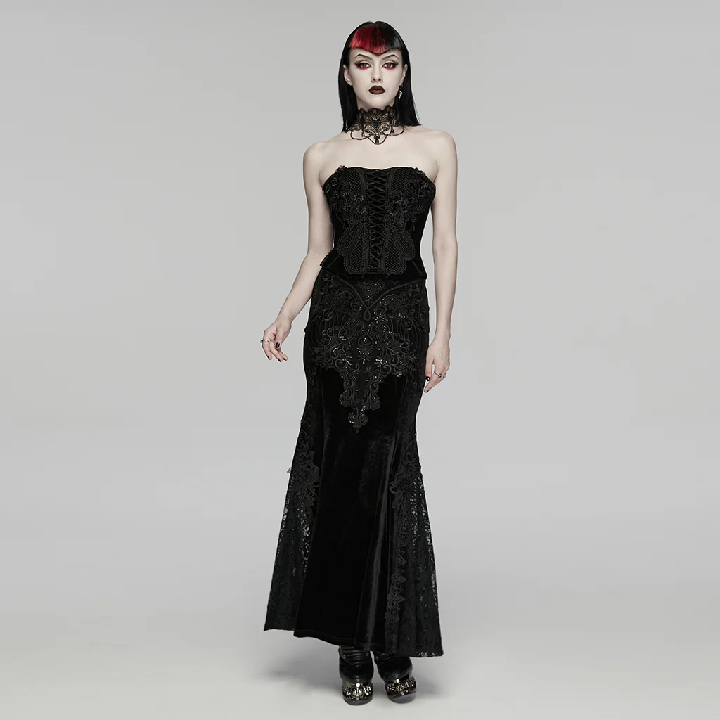WQ-942BQF Gothic Skirt Elegant Embroidered Lace Long Velvet Panel Design - Image 4