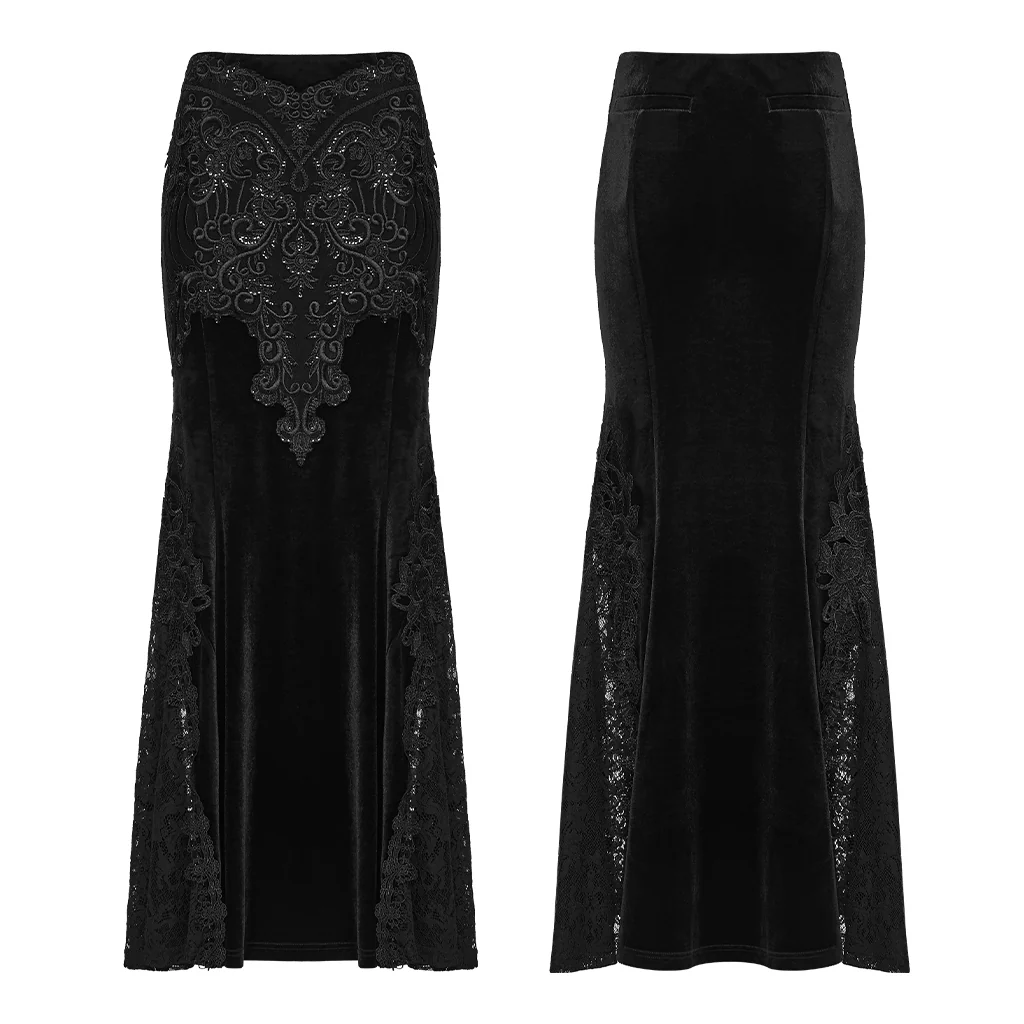 WQ-942BQF Gothic Skirt Elegant Embroidered Lace Long Velvet Panel Design - Image 5