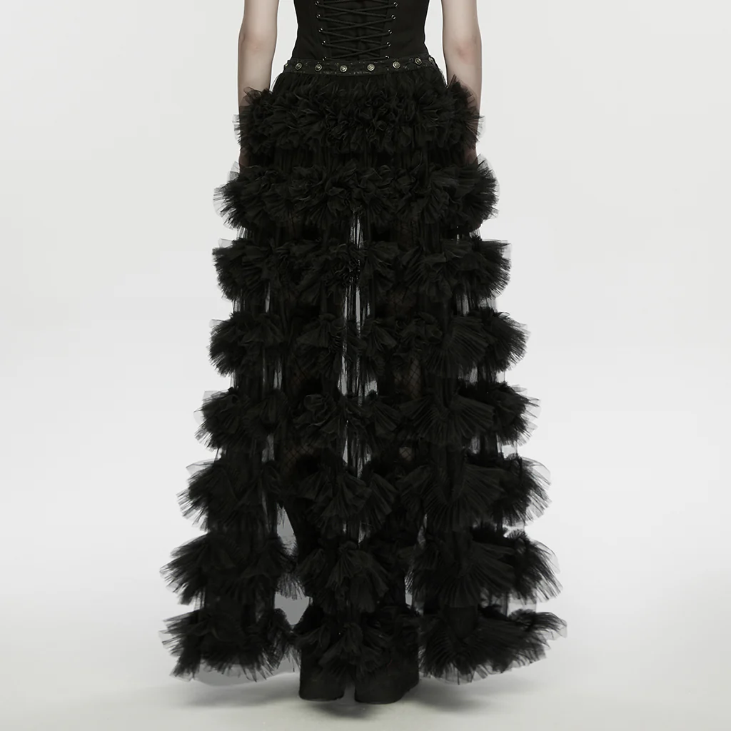 WQ-946BQF Gothic Skirt Layered Ruffled Tulle High-Low Design Fishnet Detail - Image 3